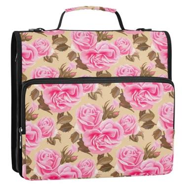 Imagem de Roses Buds rosa flores bege 3 anéis fichários resistentes com zíper organizador de fichários escolares bolsa com alça de ombro colorido portfólio comporta 500 folhas