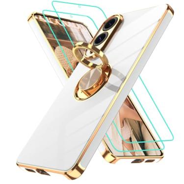 Imagem de Gritup Capa para celular Samsung S25 Edge | 2 peças protetoras de tela | Suporte magnético de rotação de 360°, suporte magnético com borda dourada, revestimento de TPU macio, à prova de choque, capa