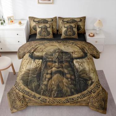 Imagem de Erosebridal Jogo de edredom Queen antigo viking nórdico vintage em uma bolsa com lençol de cima e lençol com elástico nórdico misterioso jogo de cama de 7 peças, mitologia nórdica antiga