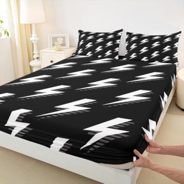 Imagem de Manfei Jogo de cama Queen Lightning tamanho Queen, preto e branco, 3 peças, desenho à mão, com 2 fronhas, para decoração de quarto de crianças, meninos e meninas, roupa de cama macia (sem plano)