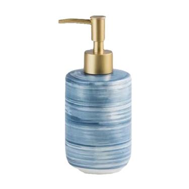 Imagem de WYNSJDBB Dispensador de sabão de cerâmica garrafas de bomba reutilizáveis, bomba de chuveiro de bancada bomba de loção recarregável para banheiro - 3 cores/350 ml recarregável (cor: azul)