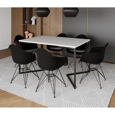 Imagem de Mesa Jantar Industrial Retangular Branca 137X90Cm Base V Com 6 Poltronas Pretas Ferro P Cor: Branco