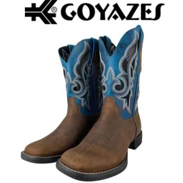 Imagem de Bota Texana Masculina Goyazes Couro Marrom Escuro Com Turquesa Bico Qu