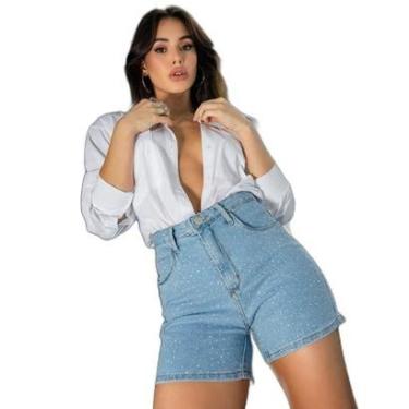 Imagem de SHORTS JEANS MOM FEMININO CINTURA ALTA COM APLICAÇÃO 23348 40 MÉDIA UNICA-Feminino