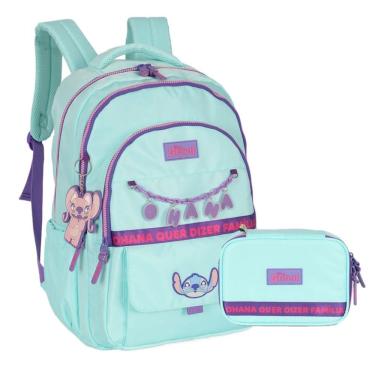 Imagem de Kit Mochila de Costas G + Estojo Box Stitch Disney | Turquesa Roxo | 2 Peças Ohana | Fo...