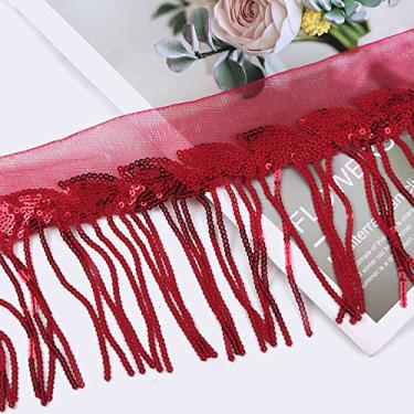 Imagem de 2/4 jardas 10 cm paetês lantejoulas borla renda franja guarnição tecido de malha DIY desempenho saia vestido de noiva decoração material de costura, vermelho, 4 jardas