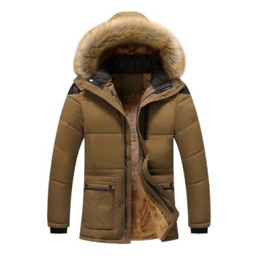 Imagem de MQMYJSP Jaqueta masculina de inverno com capuz e gola de lã, jaqueta e casaco masculino à prova de vento, Café, P