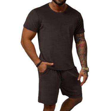 Imagem de Uni Clau Conjunto masculino de 2 peças, camisetas e shorts de manga curta de verão, conjunto esportivo casual atlético, Marrom, GG