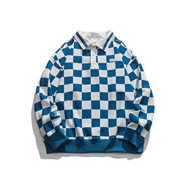 Imagem de Polos de desempenho masculino algodão listrado gola xadrez impresso manga longa camisa de malha manga curta secagem rápida colarinho fino ajuste ao ar livre (Color : Blue, Size : XXL)