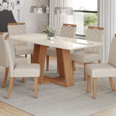 Imagem de Conjunto Sala Jantar Mesa Lins 160cm Canto Arredondado com Vidro + 6 Cadeiras Bella Marrom/Off White