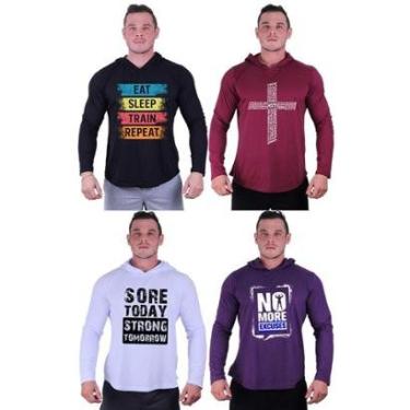 Imagem de Kit 4 Camisetas Manga Longa com Touca Longline Estampada Treino Academia Lazer Casual-Masculino