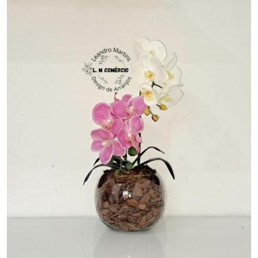 Imagem de Arranjo Orquídea Branca Com Rosa Borboleta 3D Realista Permanente Sili