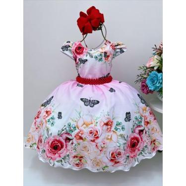 Imagem de Vestido infantil rosa e branco borboletas cinto de pérolas - piu bella