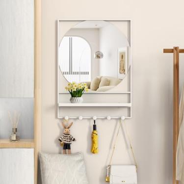 Imagem de WONSTART Espelho de Parede com Prateleira e Ganchos, Espelho de Entrada de 21 * 28 Pol. com Ganchos, Espelho Redondo com Moldura Retangular, Espelho Redondo Art Déco para Quarto, E (27,9"C X 20,9"L)