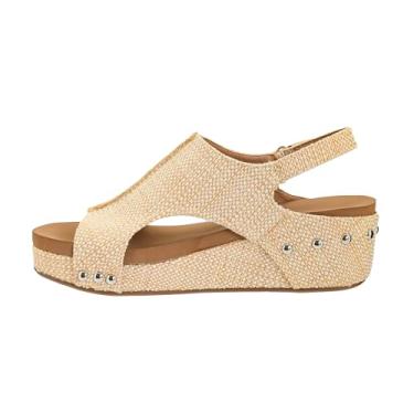 Imagem de Corkys Footwear Sandália feminina Volta II Wedge – Cunha acolchoada de 5 cm, fecho de velcro para conforto e estilo, perfeita para roupas casuais e elegantes, uso durante todo o dia, Raffia, 37