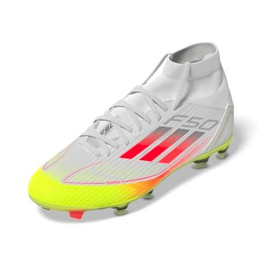 Imagem de adidas Tênis de futebol feminino F50 League Mid Top Firm Multi Ground, Branco/vermelho lúcido, amarelo solar, 44