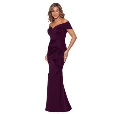 Imagem de Xscape Vestido feminino longo tomara que caia com decote em coração e babados laterais (G e pequeno), Ameixa, 38