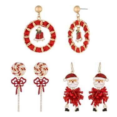Imagem de MADISON TYLER Conjunto de 3 pares de brincos de Natal para mulheres | Brincos de Natal masculinos de gengibre de menta pirulito de bengala doce | Brincos de Natal, Zinco, Strass