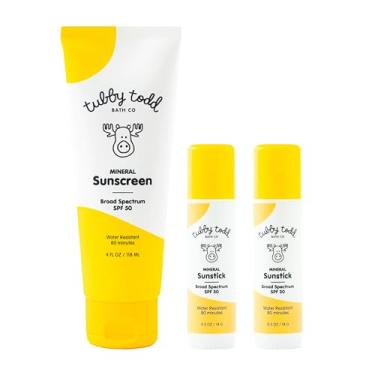 Imagem de Tubby Todd Kit de protetor solar mineral facial e corporal para bebês, crianças pequenas e crianças - Protetor solar 14 ml e protetor solar, pacote duplo de 14,2 g - sem fragrância