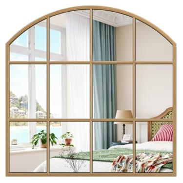 Imagem de Brauthon Espelho dourado de painel de janela, espelho de parede arqueado de casa de fazenda de 71 cm x 71 cm, espelhos de arco rústico de latão espelho de grade grande para sala de estar, quarto, casa