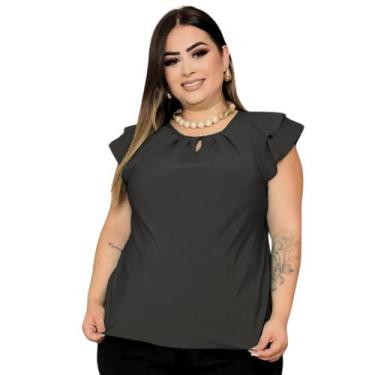 Imagem de Blusa Feminina Plus Size Social Manga Curta Detalhe Gota Botão Crepe -