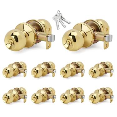 Imagem de LOQRON Maçaneta de porta com chave com design de bola não igual com chaves e fechadura, pacote com 10 maçanetas redondas de entrada com chave para portas dianteiras/de entrada, acabamento em latão