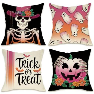 Imagem de Fahrendom Capas de almofada decorativas de esqueleto gótico de Halloween 45,7 x 45,7 cm conjunto de 4, capa de almofada de caveira assustadora fantasma assustadora para varanda externa, capa de