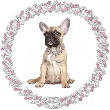 Imagem de Coleiras de corrente de cachorro rosa prata para cães médios, colar de cachorro brilhante feminino strass diamante brilhante joias metal elos cubanos coleiras para cães pequenos, médios e grandes,