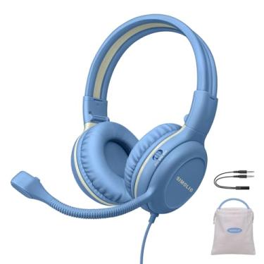Imagem de SIMOLIO Fones de ouvido infantis com fio com microfone para escola virtual e jogos, fone de ouvido com cabo de volume seguro com microfone giratório flexível para meninos, adolescentes, crianças, fone