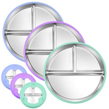 Imagem de Rycid Pacote Com 3 Pratos De Aço Inoxidável Para Bebês Sucção, Infantis Sem Bpa, Prato Infantil Divisórias 23 Cm, Lavável Na Máquina Lavar Louças, Base Silicone Antiderrapante, Removível (Azul, Verd