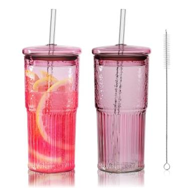 Imagem de Joeyan Copo de vidro rosa de 623 g com canudo e tampa para chá gelado, café, smoothie, água, suco, bebidas, refrigerante, copos canelados, pote de borossilicato, conjunto de 2, pode ser lavado na