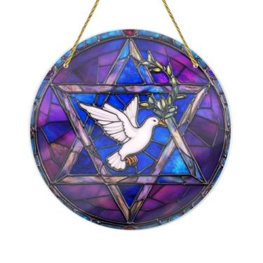 Imagem de CDSASHCA Arte de parede acrílica à prova de estilhaçamento, estrela de Davi e pombas, 15 x 15 cm, decoração de parede com símbolo judaico para sinagoga, igreja, escritório, painel de vitral à prova