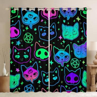 Imagem de Cortinas blackout com tema de Halloween, lindas cortinas de gato neon e cortinas para meninas, meninos, gradiente, gato, esqueleto, 104 x 96 L, galáxia psicodélica, estrelas, cortinas de janela