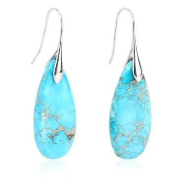 Imagem de Brincos Pedra Natural, Brincos Pendentes em Forma de Argola Leves Modernos Design Gota Água Joias com Pedras Presente Aniversário para Mulher (Azul Turquesa, Prateado)