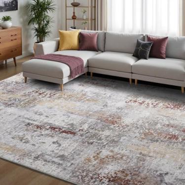 Imagem de Toneed Tapete abstrato moderno lavável macio antiderrapante para quarto, sala de estar, sala de jantar, cinza-acinzentado, marrom, 2,5 x 3,8 m