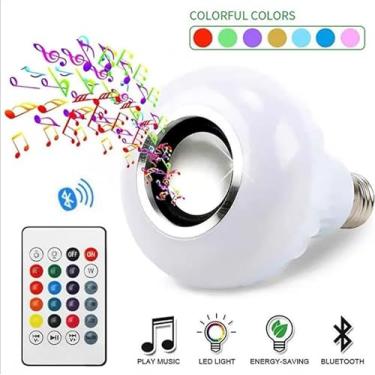 Imagem de Lâmpada LED Bluetooth com Alto-falante, 6W RGB, Controle Remoto, Música via Bluetooth, E27/B22