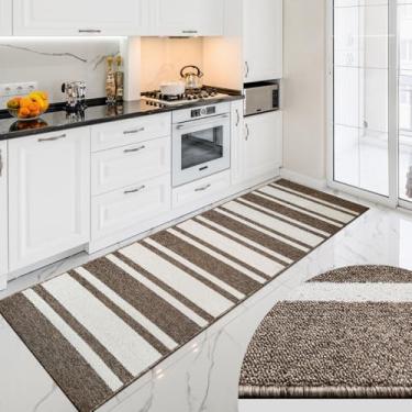 Imagem de 2 Tapete Cozinha Passadeira Antiderrapant 66x200 Oa Dt Rg Vr (RG BEGE CORREDOR Marfim Marrom - Listras Listrado)