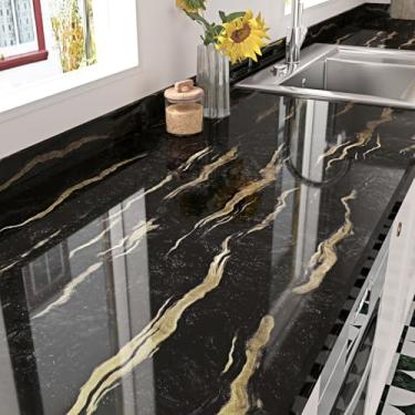 Imagem de STICKEEP Papel de parede de mármore preto/dourado descasque e cole à prova d'água granito falso mármore papel de contato para bancadas de cozinha 45 x 304 cm