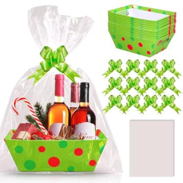Imagem de Whaline Pacote com 12 cestas de presente vazias de Natal, cestas de papelão de bolinhas vermelhas e verdes com laços de sacos plásticos transparentes para Natal, Natal, Natal, faça você mesmo, para