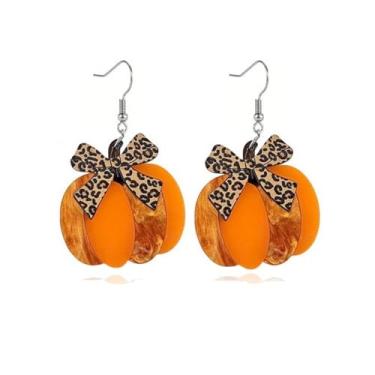 Imagem de Brincos de arco de abóbora de Halloween com estampa de leopardo, brincos de outono para mulheres, acessórios de bijuteria de fantasia de outono, Metal, Sem pedra preciosa
