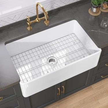 Imagem de GETPRO Pia de cozinha branca de fazenda avental reclay 76 x 50 cm, tigela única, reversível, estilo casa de fazendeiro, 25,4 cm. Bacia profunda com kit de acessórios modernos