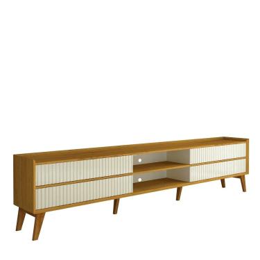 Imagem de Rack Gelius Magnifico 4 gavetas com detalhes ripado pés de madeira maciça naturale OFF White