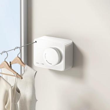 Imagem de Varal Retratil de Parede Aço Inoxidável Corda Varal de Roupa Ajustável Até 4.2 m Varal Retratil de Parede Recolhível À Prova D'água e Antiferrugem Branco