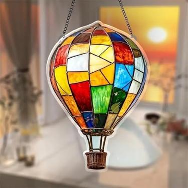 Imagem de Decoração de janela de balão de ar quente acrílico 2D, estilo vitral com cores vibrantes em vermelho, amarelo, azul, verde laranja, apanhador de sol colorido para decoração de casa