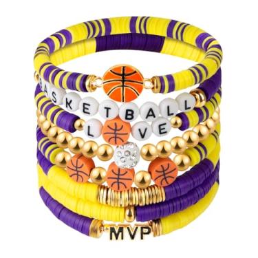 Imagem de AKAIXI Pulseiras elásticas para o dia do jogo de basquete, pulseira de contas de argila roxa e dourada, acessórios de joias esportivas empilháveis da amizade para amantes de basquete, jogadores