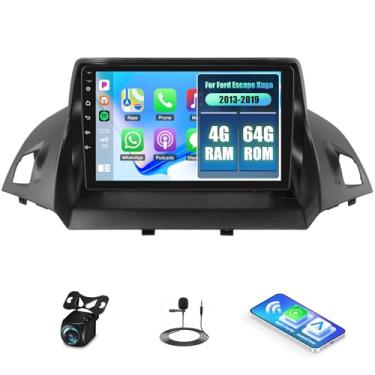Imagem de Estéreo automotivo 4G + 64G para Ford Escape Kuga 2013-2019 com CarPlay sem fio e Android Auto, 9 polegadas 1280 * 720 tela sensível ao toque Android 15 rádio do carro Bluetooth 5.0 WiFi GPS FM/RDS