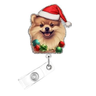 Imagem de Carretel de crachá de Natal, crachá de acrílico de cachorro fofo para crachá de identificação, chapéu de Natal divertido, suporte de crachá retrátil telescópico, acessórios de clipe de jacaré para