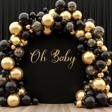 Imagem de FIXORO Capa de fundo redonda preta de 2,5 m para suporte de arco circular de 1,5 a 2,2 m com placa de decalque Oh Baby - Capa de arco de elastano grossa para chá de bebê, arco de casamento, festa de