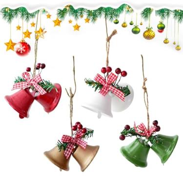 Imagem de Sinos pendurados para o Natal, decoração de Natal com sinos de vaca,Sinos decorativos de árvore de metal com corda - Conjunto de 4 sinos vintage de Natal para janelas, árvores de Natal e jardins