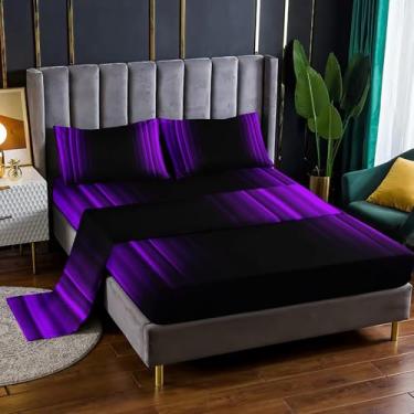 Imagem de Nttopship Jogo de cama com 4 peças, roxo e preto, tamanho Queen, abstrato, ombré, com bolsos profundos, decoração de quarto ombré, abstrato, 4 peças (1 lençol + 1 lençol + 2 fronhas)